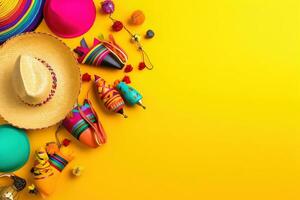 ai generato colorato messicano cappelli e altro elementi su un' giallo sfondo foto