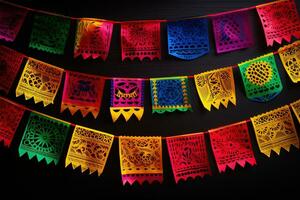 ai generato colorato messicano carta bandiere sospeso su un' nero sfondo foto
