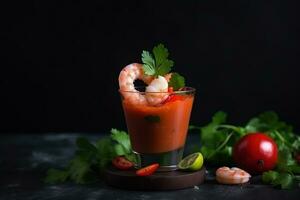 ai generato gamberetto cocktail con pomodoro e coriandolo su un' buio sfondo foto