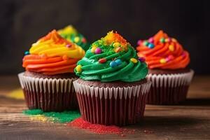 ai generato tre cupcakes con colorato glassa su un' di legno tavolo foto