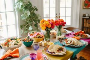 ai generato un' colorato tavolo impostato con messicano cibo foto