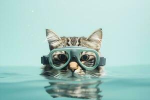 ai generato gatto nuotate nel il piscina indossare nuoto occhiali. ai generato foto