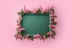 ai generato verde telaio su parete è decorato con primavera fiori. creativo primavera concetto. ai generato foto