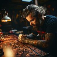 ai generato barba e inchiostro eleva realismo nel un' vicino su foto di un' tatuato maschio artista generativo ai