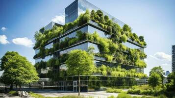 ai generato sostenibile eco amichevole ufficio edificio con bicchiere nel moderno città foto