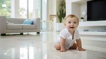 ai generato carino bambino posa su un' marmo pavimento foto