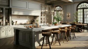ai generato interno design di un' grande moderno cucina con cucina mobilia e domestico elettrodomestici foto