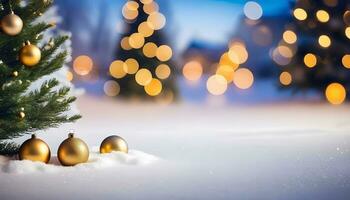ai generato inverno Paese delle meraviglie un' d'oro Natale albero nel il neve foto