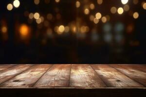 ai generato legna tavolo con caldo luci sfondo foto