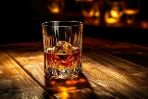 ai generato bicchiere di whisky con ghiaccio su un' sfondo foto
