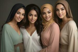 ai generato bellissimo gruppo di I musulmani donne sorridente e ridendo indossare un' hijab e decorato scialle foto