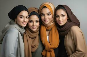 ai generato bellissimo gruppo di I musulmani donne sorridente e ridendo indossare un' hijab e decorato scialle foto