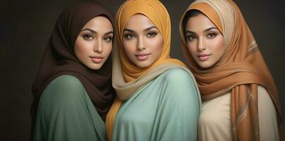 ai generato bellissimo gruppo di I musulmani donne sorridente e ridendo indossare un' hijab e decorato scialle foto