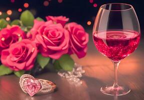 ai generato Rose e vino bicchieri su il tavolo per festeggiare San Valentino giorno foto