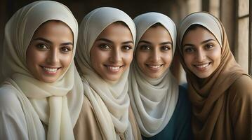 ai generato bellissimo gruppo di I musulmani donne sorridente e ridendo indossare un' hijab e decorato scialle foto