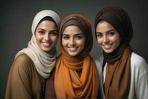 ai generato bellissimo gruppo di I musulmani donne sorridente e ridendo indossare un' hijab e decorato scialle foto