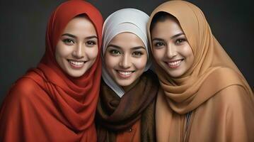 ai generato bellissimo gruppo di I musulmani donne sorridente e ridendo indossare un' hijab e decorato scialle foto