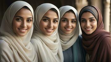 ai generato bellissimo gruppo di I musulmani donne sorridente e ridendo indossare un' hijab e decorato scialle foto