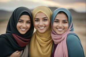 ai generato bellissimo gruppo di I musulmani donne sorridente e ridendo indossare un' hijab e decorato scialle foto