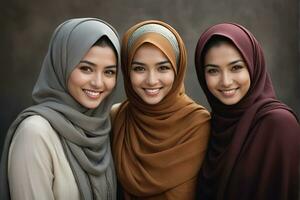 ai generato bellissimo gruppo di I musulmani donne sorridente e ridendo indossare un' hijab e decorato scialle foto