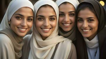 ai generato bellissimo gruppo di I musulmani donne sorridente e ridendo indossare un' hijab e decorato scialle foto