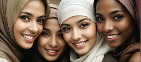 ai generato bellissimo gruppo di I musulmani donne sorridente e ridendo indossare un' hijab e decorato scialle foto