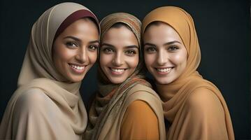 ai generato bellissimo gruppo di I musulmani donne sorridente e ridendo indossare un' hijab e decorato scialle foto