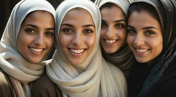 ai generato bellissimo gruppo di I musulmani donne sorridente e ridendo indossare un' hijab e decorato scialle foto