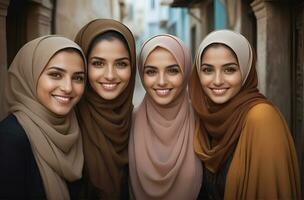 ai generato bellissimo gruppo di I musulmani donne sorridente e ridendo indossare un' hijab e decorato scialle foto