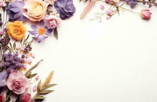 ai generato un' telaio decorato con viola e bianca fiori. foto