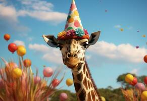 ai generato un' giraffa nel un' compleanno cappello foto