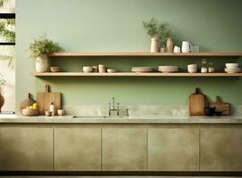 ai generato un' cucina nel Svezia con verde, bianca e Marrone muri foto