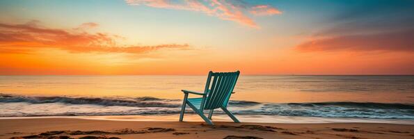 ai generato idilliaco Immagine di un' singolo spiaggia sedia prospiciente il mare a tramonto con ampio copia spazio foto