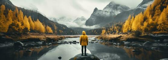 ai generato un' uomo in piedi con il suo indietro per il lago, foto