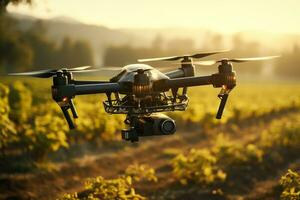 ai generato aereo Visualizza di azienda agricola fuco volante al di sopra di campagna, tramonto foto