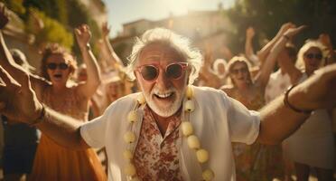 ai generato un anziano uomo con bicchieri è danza con grande gruppo di persone foto
