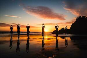 ai generato un' gruppo di persone praticante yoga su un' spiaggia a Alba riflettendo Salute e la tranquillità foto