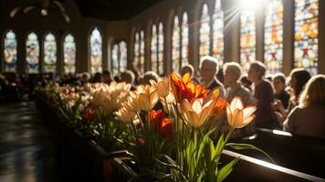 ai generato un' sereno Immagine di un Pasqua Domenica servizio nel un' Chiesa con leggero streaming attraverso macchiato bicchiere finestre e Pasqua gigli adornare il altare foto