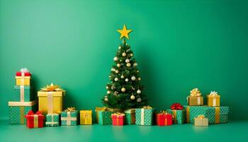 ai generato vacanza rallegrare un' colorato Natale albero e regalo scatole foto