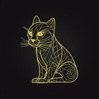 ai generato abbozzato logo con un schema gatto nel giallo su un' nero sfondo. generativo ai foto