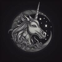 ai generato abbozzato logo con un' unicorno testa nel grigio su un' nero sfondo. generativo ai foto