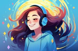 ai generato cartone animato ragazza ascoltando per musica vettore e godere il ritmo illustrazione. generativo ai foto