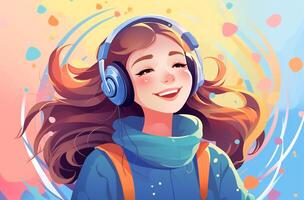 ai generato cartone animato ragazza ascoltando per musica vettore e godere il ritmo illustrazione. generativo ai foto