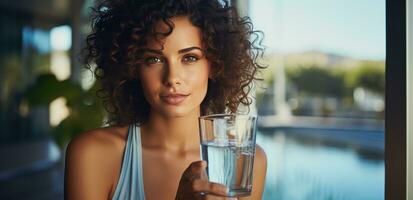 ai generato contento donna Tenere un' bicchiere di acqua contento donna foto