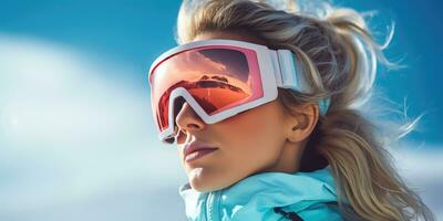 ai generato neve gli sport donna indossare sciare occhiali nel un' montagna sfondo foto