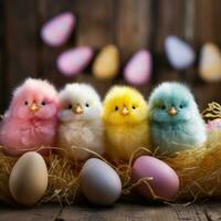 ai generato soffice Pasqua pulcini e colorato uova impostato contro un' rustico sfondo. foto