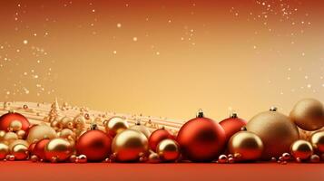 ai generato un' allegro e capriccioso Natale scena con colorato d'oro palle e un' luminosa rosso sfondo foto