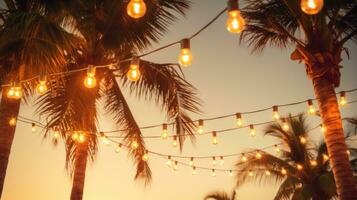 ai generato spiaggia festa con palma alberi e leggero lampadina ghirlande. foto