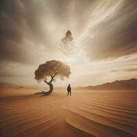 ai generato uomo in piedi nel il deserto e guardare a albero. generativo ai foto