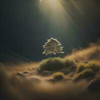 ai generato solitario pino albero nel il mezzo di il campo. generativo ai foto